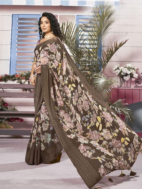 brown printed saree with blouse - 19986866 - Very Small Image - 1
