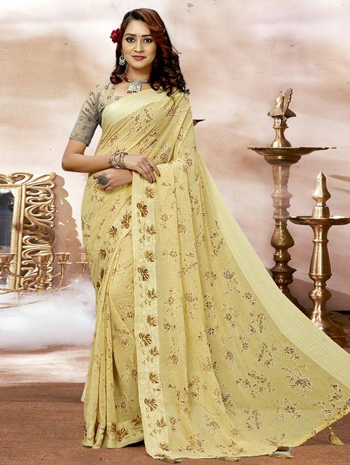 yellow silk printed saree with blouse - 19987037 - Very Small Image - 1