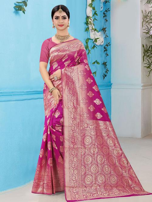 pink self design woven saree with blouse - 19987043 - Very Small Image - 1