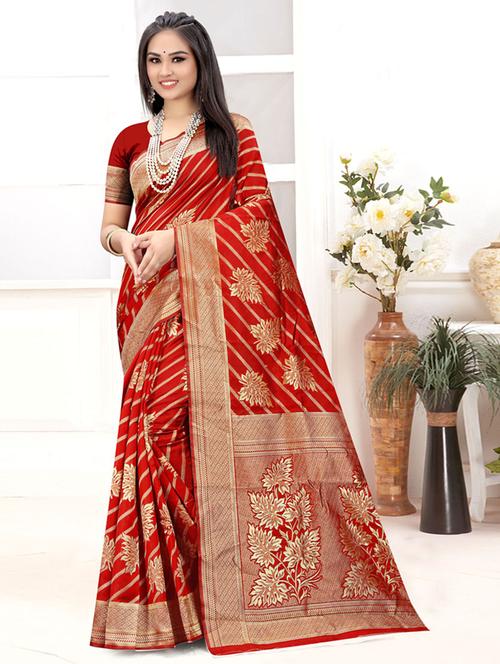 red self design woven saree with blouse - 19987045 - Very Small Image - 1