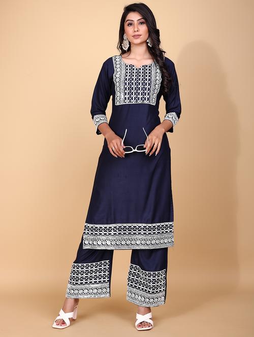 navy kurta notch neck embroidered kurta palazzo set - 19987420 - Very Small Image - 1