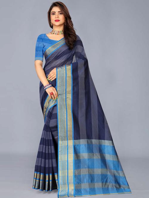 navy cotton saree with blouse - 19988519 - Very Small Image - 1
