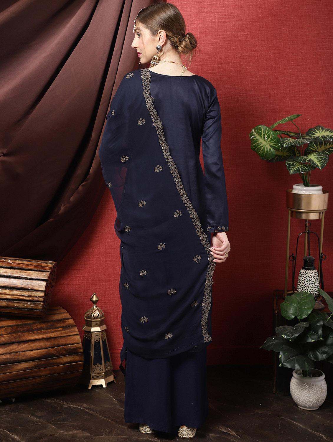 navy blue floral print unstitched suit set - 19992301 - Zoom Image - 2