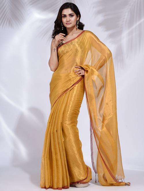 women's solid mustard colored saree with blouse - 19992440 - Very Small Image - 1