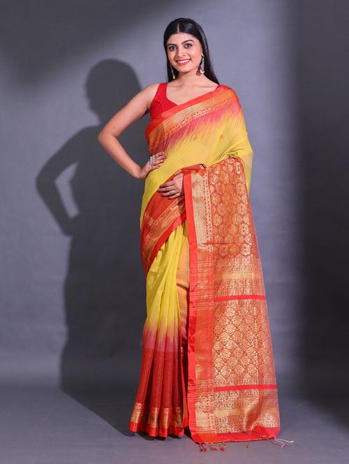 yellow self design woven saree with blouse - 19992595 - Very Small Image - 1
