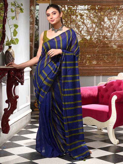 women's stripes blue colored saree with blouse - 19992779 - Very Small Image - 1