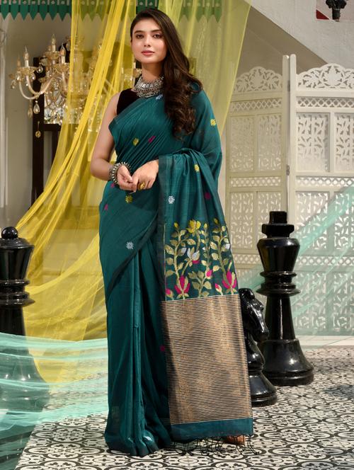 teal self design woven saree with blouse - 19992819 - Very Small Image - 1