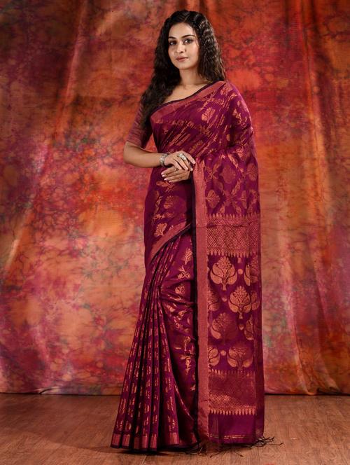 magenta cotton blend saree with blouse - 19993010 - Very Small Image - 1