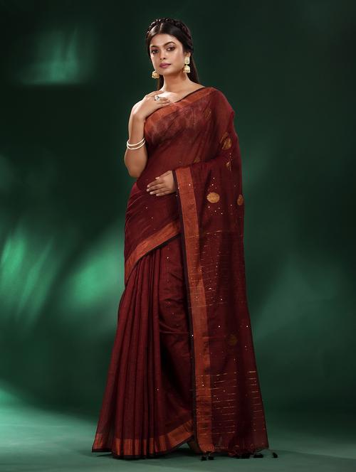 maroon cotton blend saree with blouse - 19993515 - Very Small Image - 1