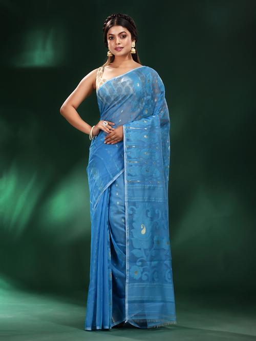women's self design blue colored saree with blouse - 19993519 - Very Small Image - 1