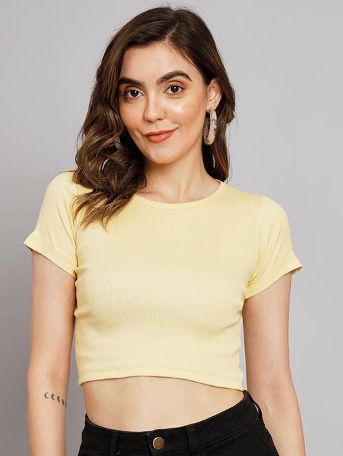 beige round neck solid crop top - 19995397 - Very Small Image - 1