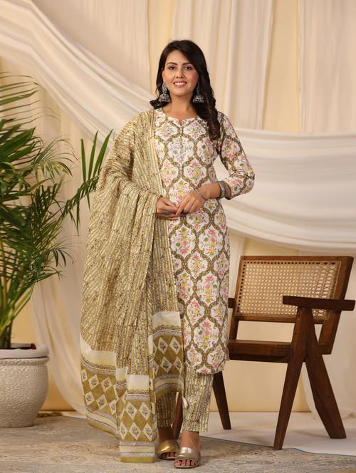 white printed three quarter sleeve suit set set - 19995609 - Very Small Image - 1