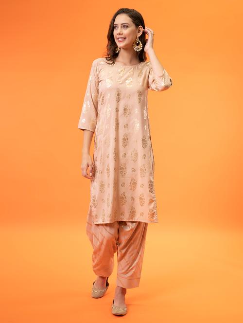beige round neck kurta salwar set - 19996254 - Very Small Image - 1