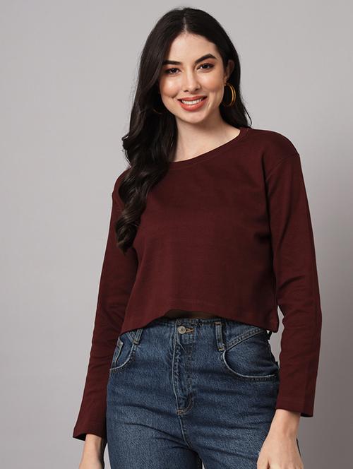 brown solid long sleeves crop t-shirt  - 19996465 - Very Small Image - 1