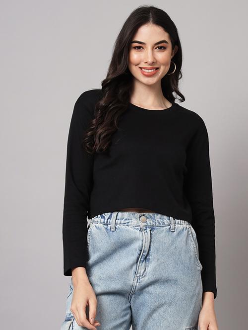 black solid long sleeves crop t-shirt  - 19996466 - Very Small Image - 1