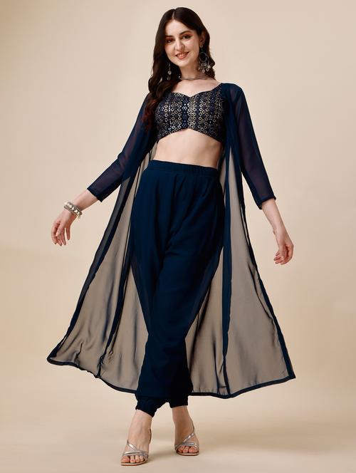 navy blue self designed embellished fusion set - 19999241 - Very Small Image - 1