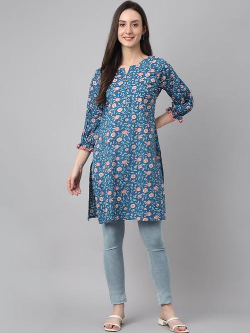 women blue floral print notch neck kurta - 19999310 - Very Small Image - 1