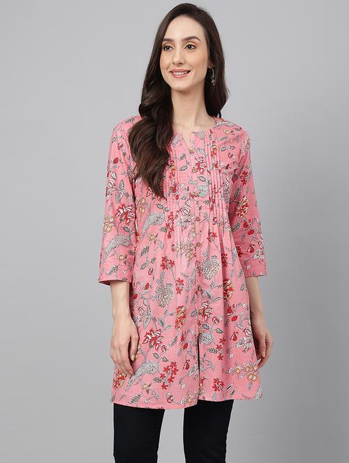 pink floral print notch neck regular tunic - 19999313 - Very Small Image - 1