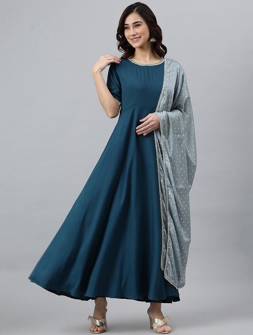 teal rond neck solid kurta dupatta set - 19999394 - Very Small Image - 1