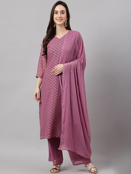purple printed kurta palazzo set with dupatta - 19999445 - Very Small Image - 1