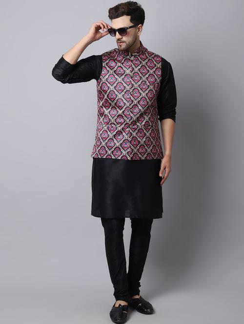 mandarin neck printed kurta pyjama with jacket  - 20005303 - Very Small Image - 1