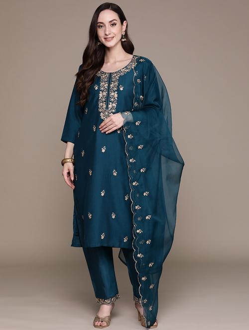 teal kurta pant set with dupatta - 20006251 - Very Small Image - 1