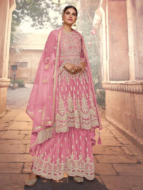 pink embroidered semi-stitched sharara suit - 20007057 - Very Small Image - 1