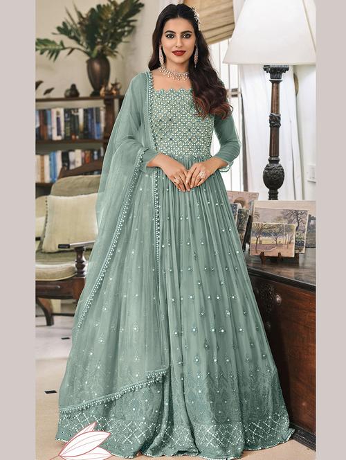 embroidered semi-stitched suit set - 20007080 - Very Small Image - 1