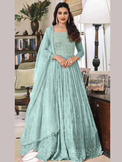 light blue embroidered anarkali semi-stitched suit set - 20007082 - Very Small Image - 1