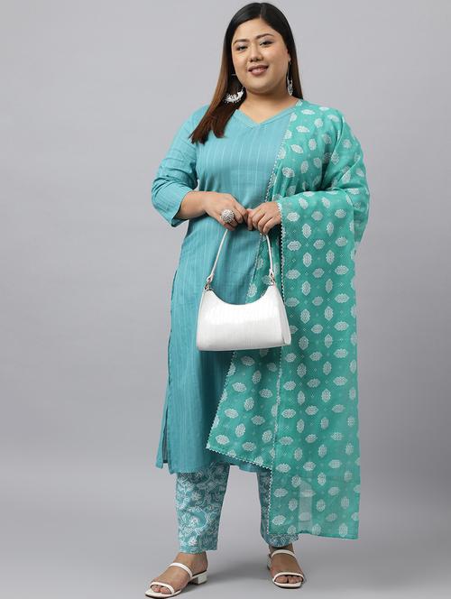 turquois self design kurta pant set with dupatta - 20008922 - Very Small Image - 1