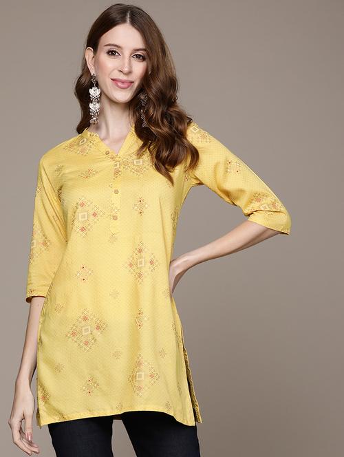 yellow printed mandarin neck straight kurti - 20009109 - Very Small Image - 1