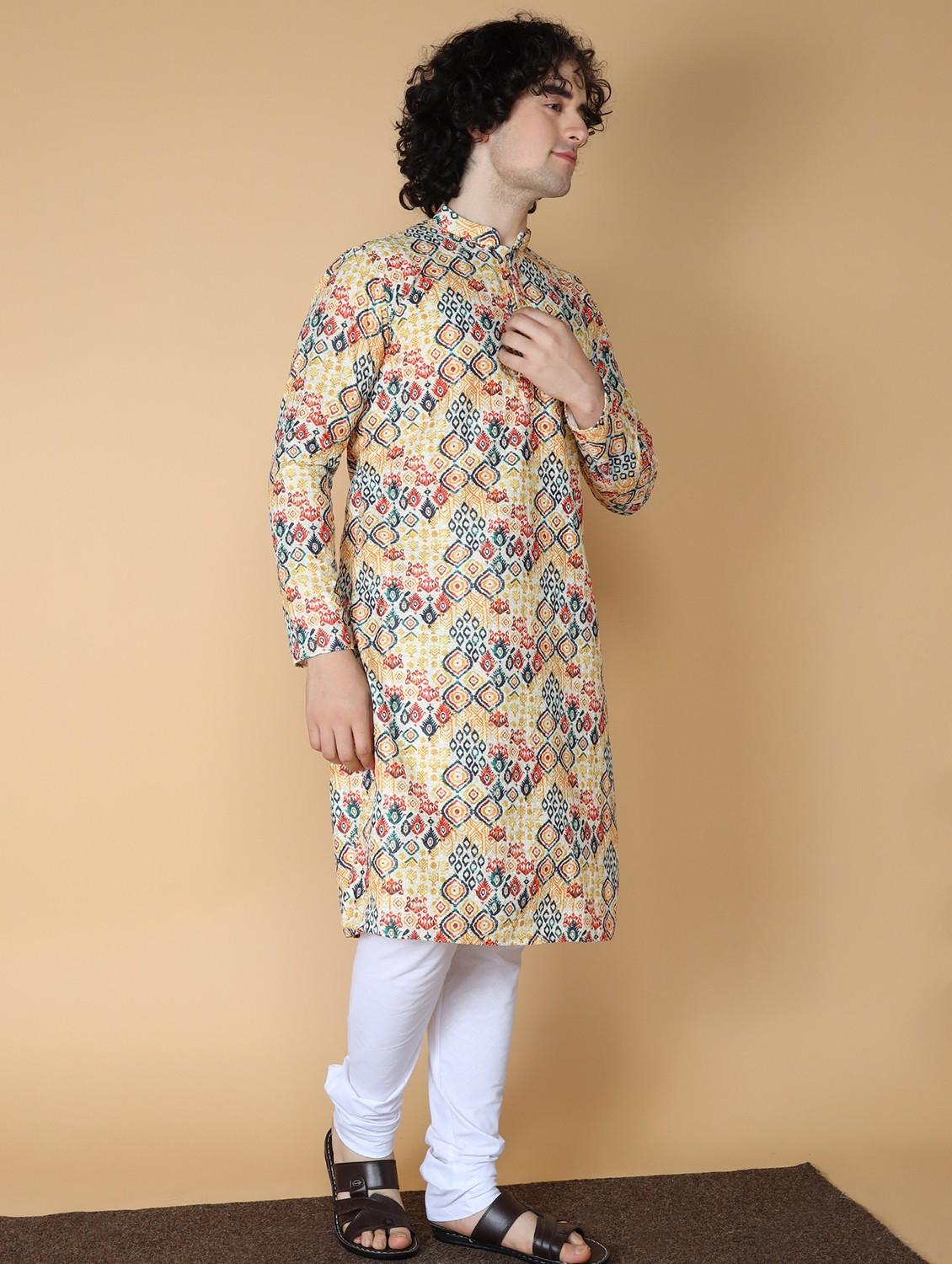 namaskar cotton full sleeve chikankari embroidery knee length yellow kurta for men - 20011625 - Zoom Image - 3