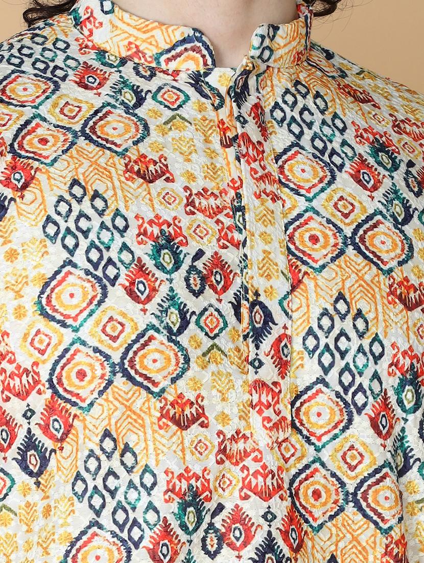 namaskar cotton full sleeve chikankari embroidery knee length yellow kurta for men - 20011625 - Zoom Image - 4