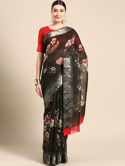 women grey floral printed saree with blouse - 20012568 - Very Small Image - 1