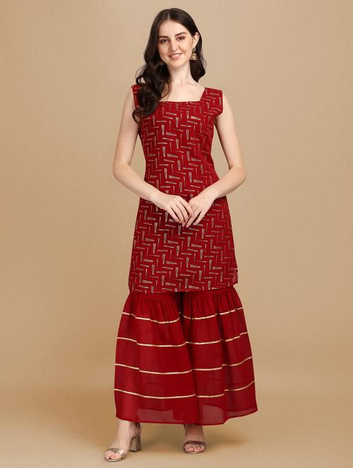 red georgette kurta sharara  set - 20012999 - Very Small Image - 1