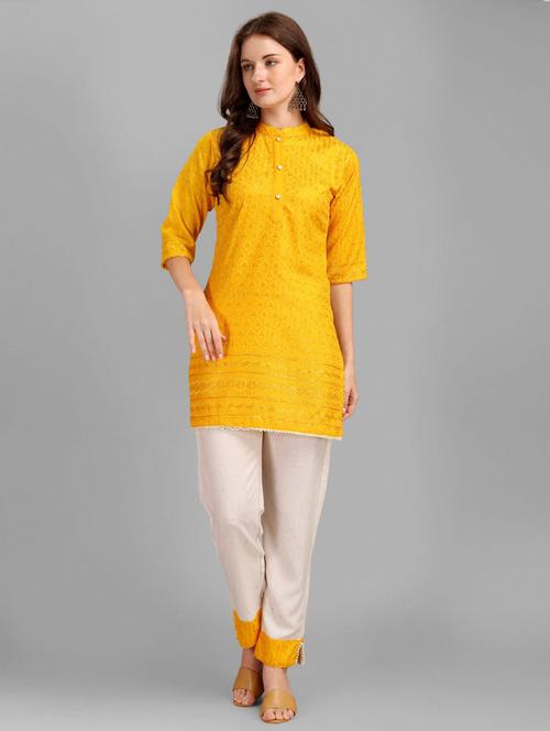 yellow rayon kurta pant  set - 20013030 - Very Small Image - 1