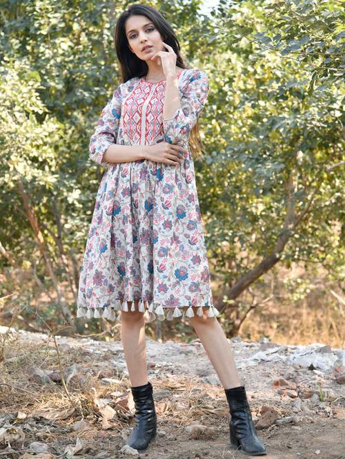 beige cotton flared ethnic dress - 20014411 - Very Small Image - 1