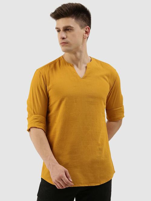 yellow notched neck solid short kurta - 20015811 - Very Small Image - 1