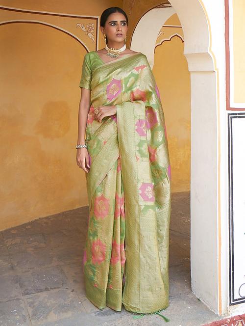 women's self design lime colored saree with blouse - 20018594 - Very Small Image - 1
