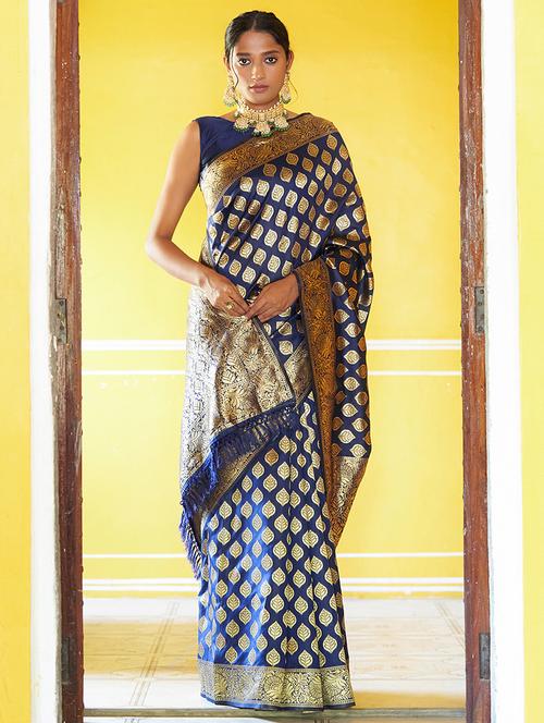 blue silk blend banarasi saree with blouse - 20018604 - Very Small Image - 1