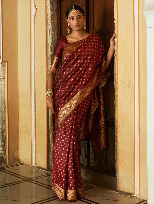 maroon silk blend saree with blouse - 20018629 - Very Small Image - 1