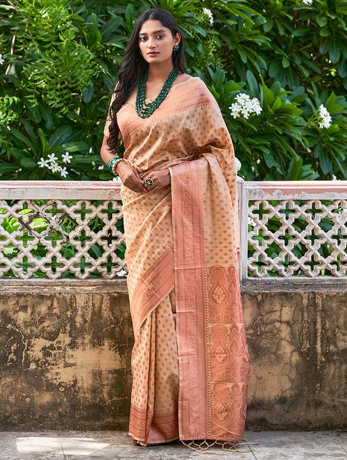 beige silk blend saree with blouse - 20018644 - Very Small Image - 1
