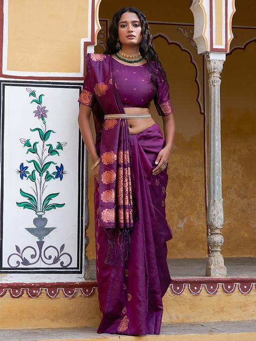 purple silk blend kanjivaram saree with blouse - 20018652 - Very Small Image - 1