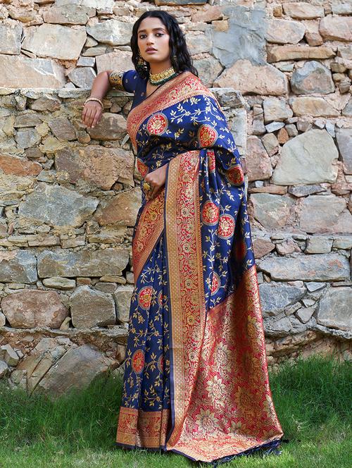 women's self design royal blue colored saree with blouse - 20018674 - Very Small Image - 1