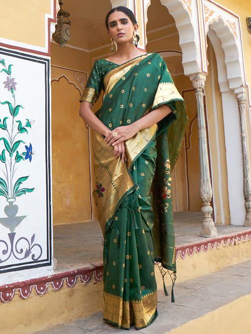 green silk blend paithani saree with blouse - 20018677 - Very Small Image - 1