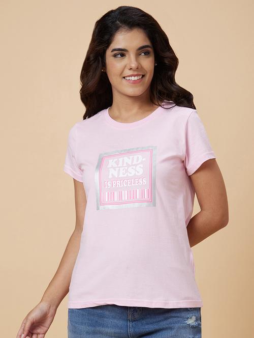 women pink cotton chest print t-shirt - 20019017 - Very Small Image - 1