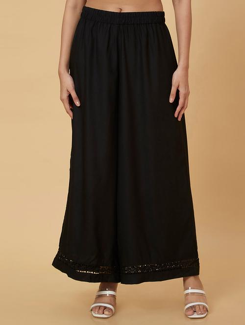 globus women black floral lace hem design flared ethnic palazzos - 20019081 - Very Small Image - 1