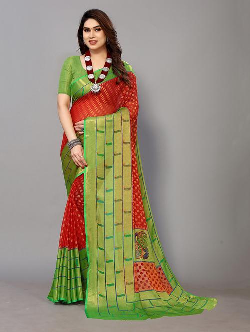 red chiffon printed saree with blouse - 20021547 - Very Small Image - 1