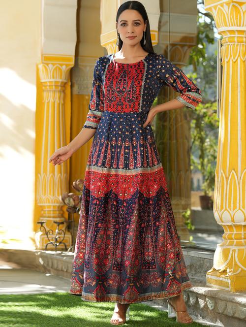 juniper women's navy blue dull satin printed anarkali dress - 20023423 - Very Small Image - 1