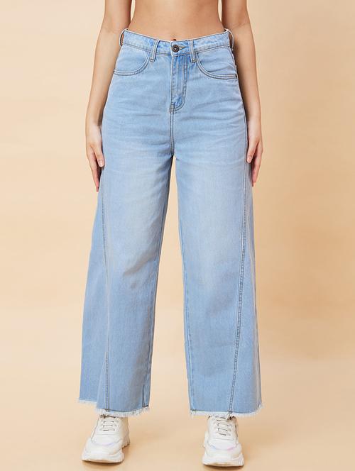 globus women light blue stretchable mid-rise wide leg frayed jeans - 20023468 - Very Small Image - 1
